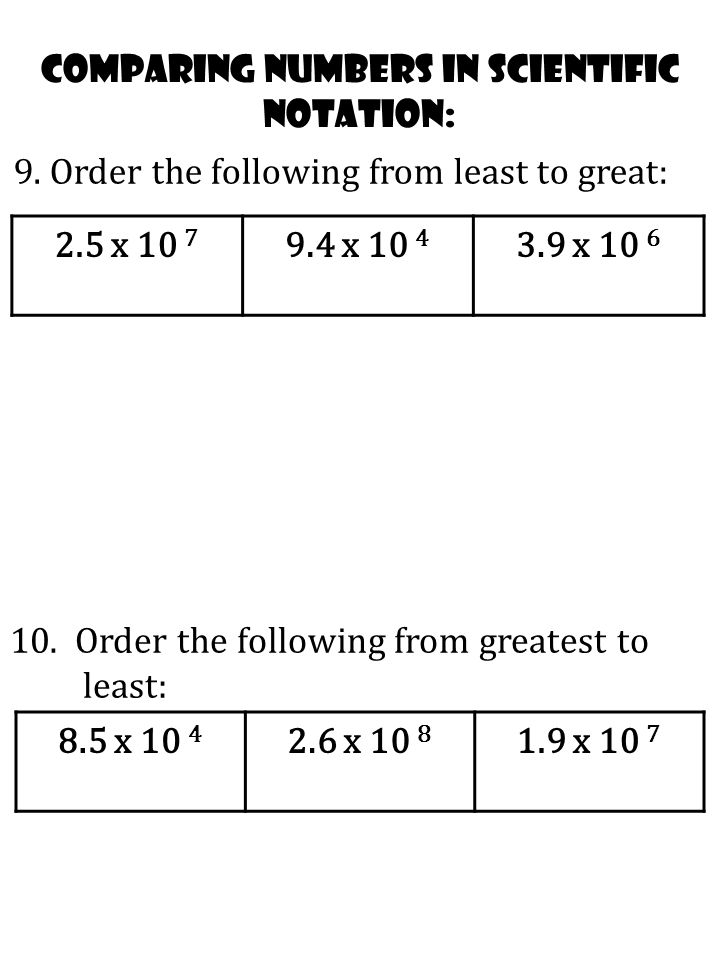 Comparing numbers in scientific notation: 9.Order the following from least to great: 2.5 x x x x x x