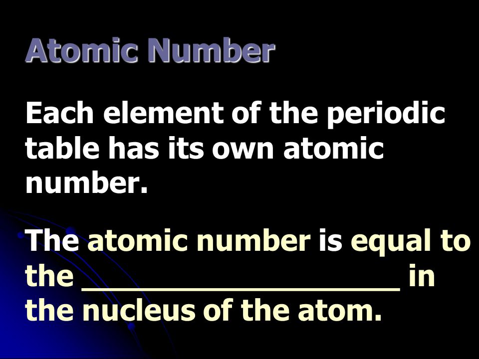 Atomic Number Each element of the periodic table has its own atomic number.