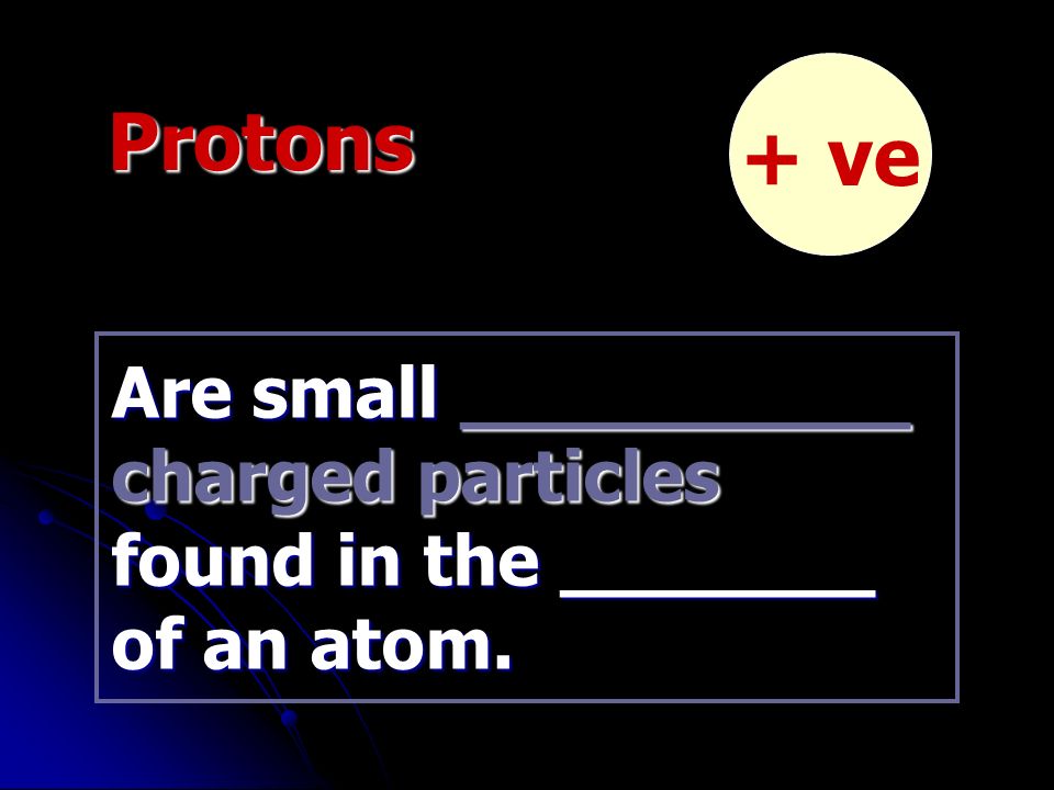 Protons Are small __________ charged particles found in the _______ of an atom. + ve