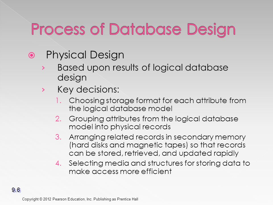  Physical Design › Based upon results of logical database design › Key decisions: 1.Choosing storage format for each attribute from the logical database model 2.Grouping attributes from the logical database model into physical records 3.Arranging related records in secondary memory (hard disks and magnetic tapes) so that records can be stored, retrieved, and updated rapidly 4.Selecting media and structures for storing data to make access more efficient Copyright © 2012 Pearson Education, Inc.