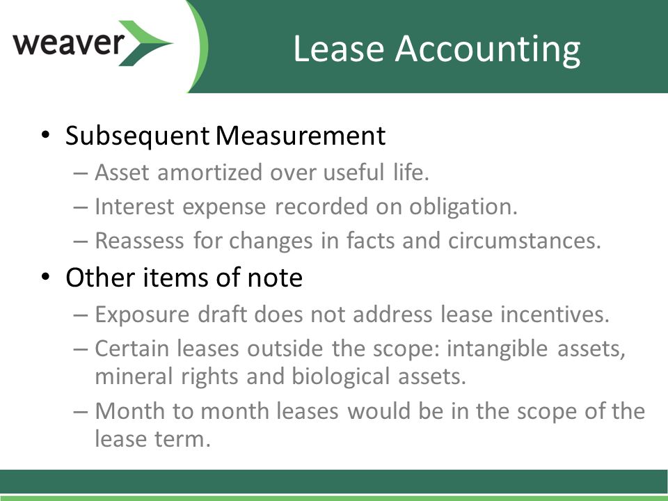 Lease Accounting Subsequent Measurement – Asset amortized over useful life.