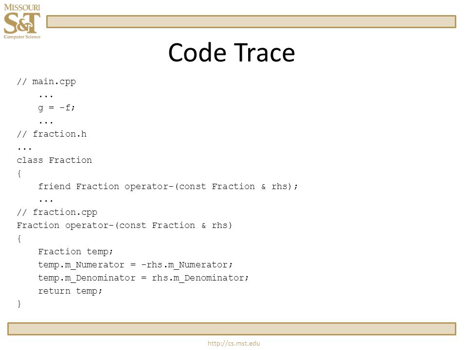 Code Trace // main.cpp... g = -f;...