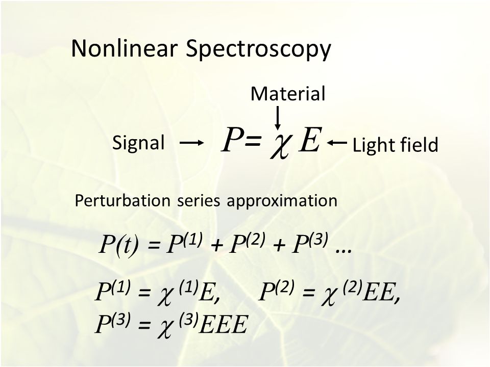 Nonlinear Spectroscopy Signal Material Light field Perturbation series approximation P(t) = P (1) + P (2) + P (3) … P (1) =  (1) E, P (2) =  (2) EE, P (3) =  (3) EEE P =  E