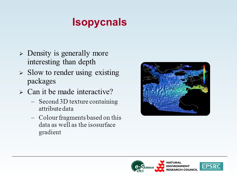 Isopycnals  Density is generally more interesting than depth  Slow to render using existing packages  Can it be made interactive.