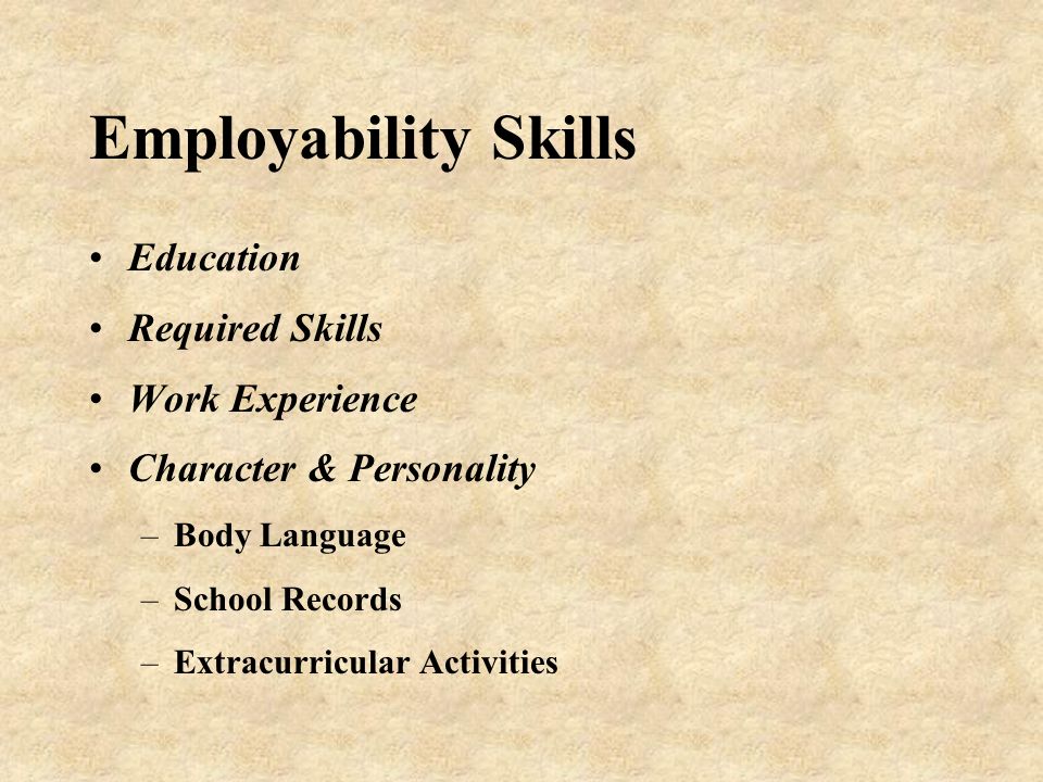 Employability Skills Education Required Skills Work Experience Character & Personality –Body Language –School Records –Extracurricular Activities