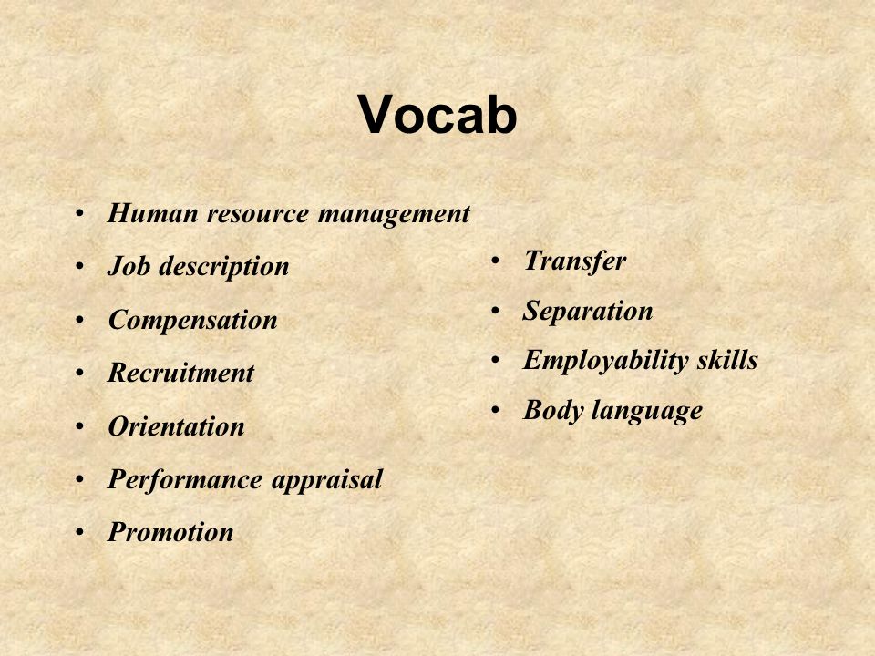 Vocab Human resource management Job description Compensation Recruitment Orientation Performance appraisal Promotion Transfer Separation Employability skills Body language