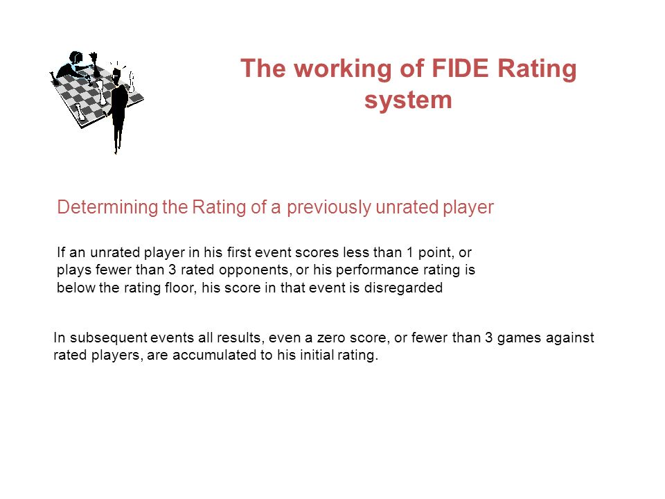 If an unrated player in his first event scores less than 1 point, or plays fewer than 3 rated opponents, or his performance rating is below the rating floor, his score in that event is disregarded Determining the Rating of a previously unrated player In subsequent events all results, even a zero score, or fewer than 3 games against rated players, are accumulated to his initial rating.