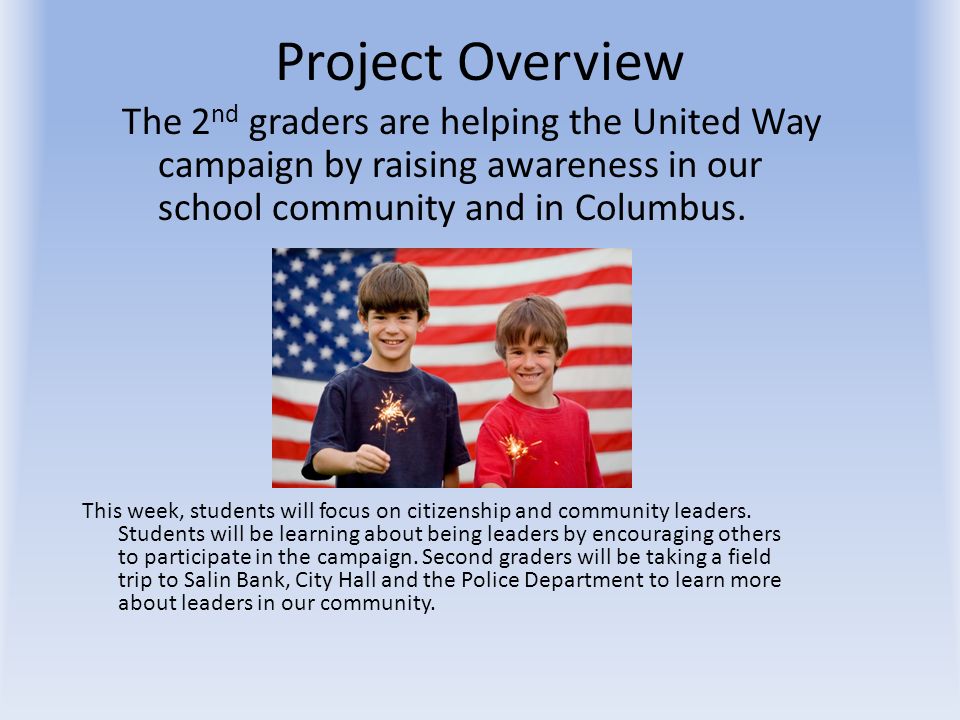 Project Overview The 2 nd graders are helping the United Way campaign by raising awareness in our school community and in Columbus.
