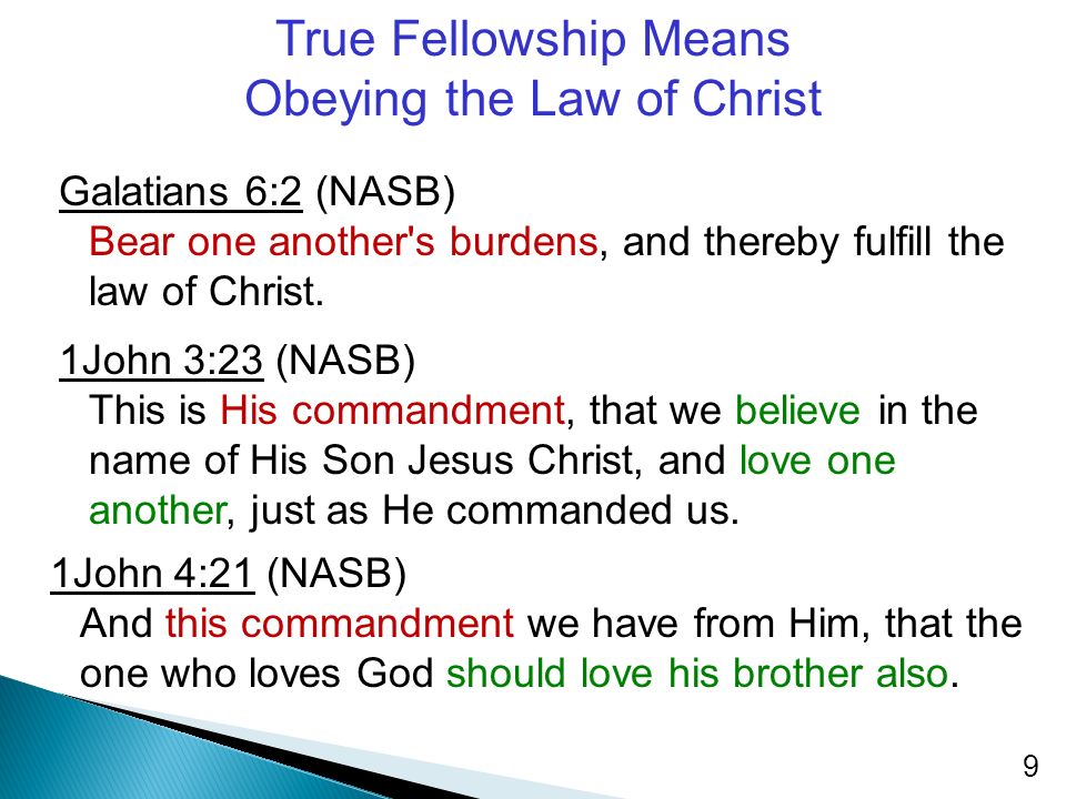 True Fellowship Means Obeying the Law of Christ Galatians 6:2 (NASB) Bear one another s burdens, and thereby fulfill the law of Christ.