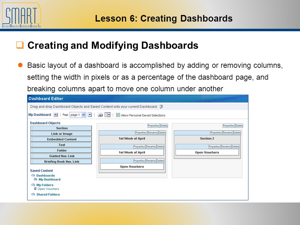  Creating and Modifying Dashboards Basic layout of a dashboard is accomplished by adding or removing columns, setting the width in pixels or as a percentage of the dashboard page, and breaking columns apart to move one column under another Lesson 6: Creating Dashboards