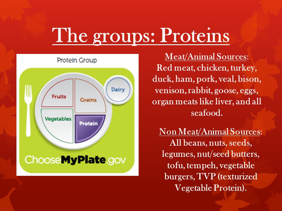 The groups: Proteins Meat/Animal Sources: Red meat, chicken, turkey, duck, ham, pork, veal, bison, venison, rabbit, goose, eggs, organ meats like liver, and all seafood.