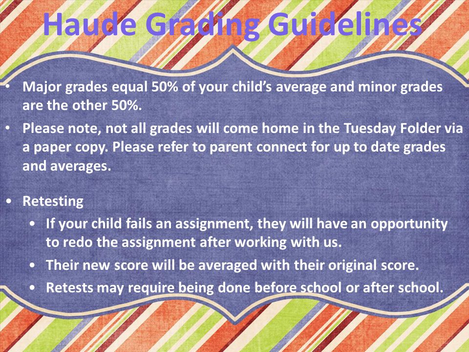 Haude Grading Guidelines Major grades equal 50% of your child’s average and minor grades are the other 50%.