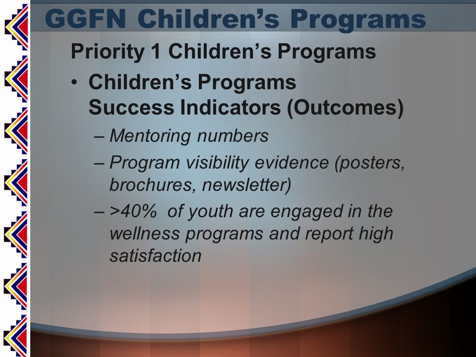 GGFN Children’s Programs Priority 1 Children’s Programs Children’s Programs Success Indicators (Outcomes) –Mentoring numbers –Program visibility evidence (posters, brochures, newsletter) –>40% of youth are engaged in the wellness programs and report high satisfaction