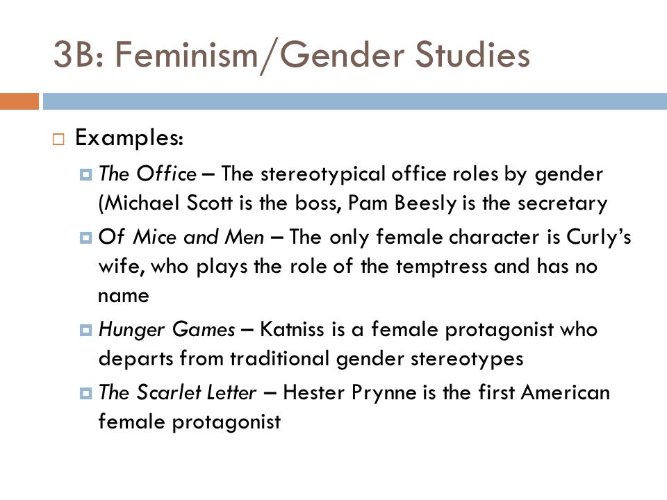 3B: Feminism/Gender Studies  Examples:  The Office – The stereotypical office roles by gender (Michael Scott is the boss, Pam Beesly is the secretary  Of Mice and Men – The only female character is Curly’s wife, who plays the role of the temptress and has no name  Hunger Games – Katniss is a female protagonist who departs from traditional gender stereotypes  The Scarlet Letter – Hester Prynne is the first American female protagonist