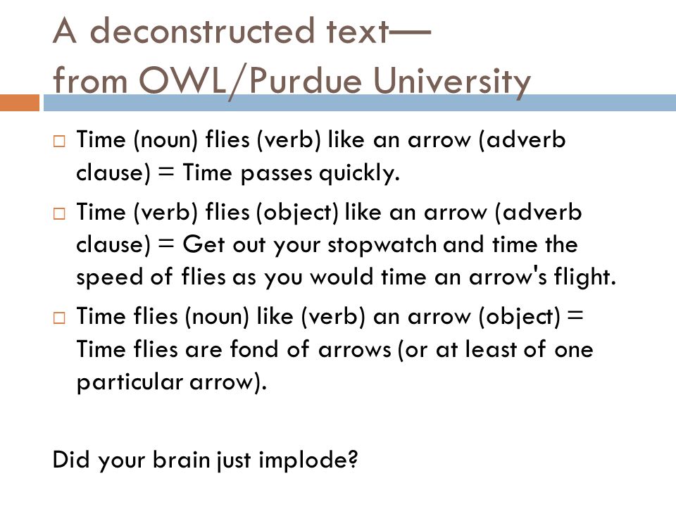 A deconstructed text— from OWL/Purdue University  Time (noun) flies (verb) like an arrow (adverb clause) = Time passes quickly.