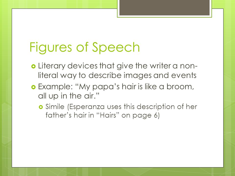 Figures of Speech  Literary devices that give the writer a non- literal way to describe images and events  Example: My papa’s hair is like a broom, all up in the air.  Simile (Esperanza uses this description of her father’s hair in Hairs on page 6)