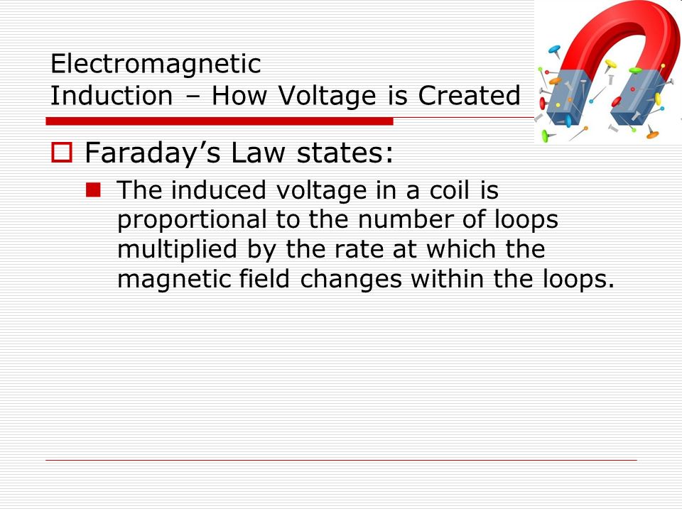 Electromagnetic Induction – How Voltage is Created  Faraday’s Law states: The induced voltage in a coil is proportional to the number of loops multiplied by the rate at which the magnetic field changes within the loops.