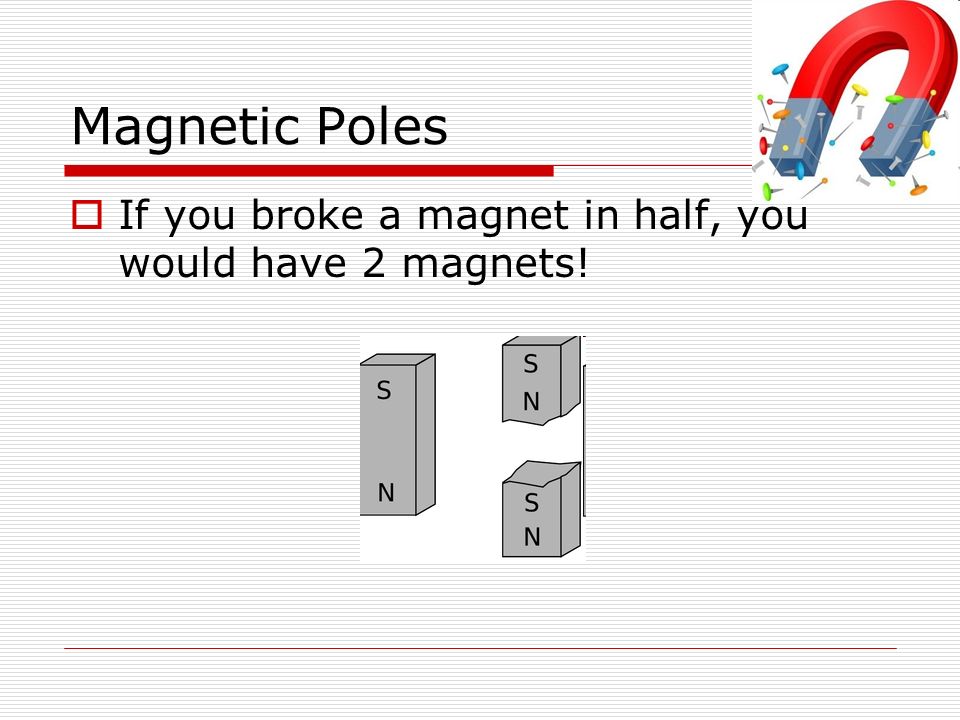 Magnetic Poles  If you broke a magnet in half, you would have 2 magnets!