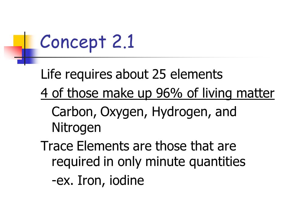 Concept 2.1 Life requires about 25 elements 4 of those make up 96% of living matter Carbon, Oxygen, Hydrogen, and Nitrogen Trace Elements are those that are required in only minute quantities -ex.