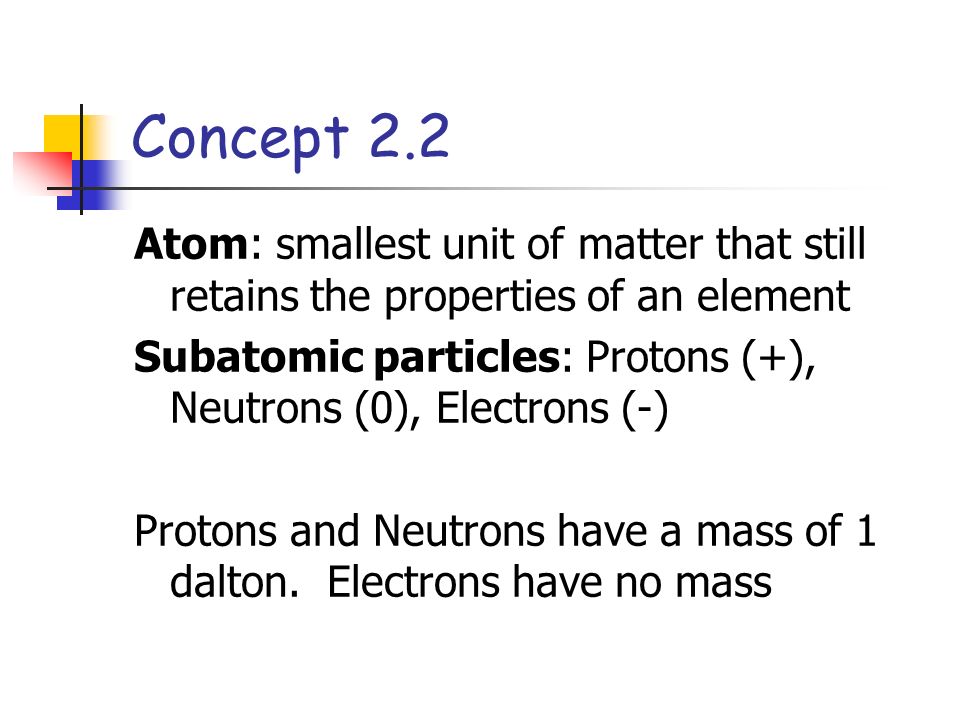 Concept 2.2 Atom: smallest unit of matter that still retains the properties of an element Subatomic particles: Protons (+), Neutrons (0), Electrons (-) Protons and Neutrons have a mass of 1 dalton.