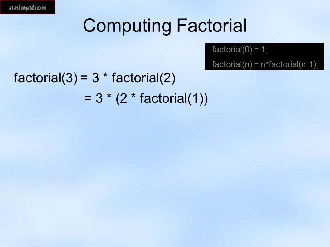 Computing Factorial factorial(3) = 3 * factorial(2) = 3 * (2 * factorial(1)) animation factorial(0) = 1; factorial(n) = n*factorial(n-1);