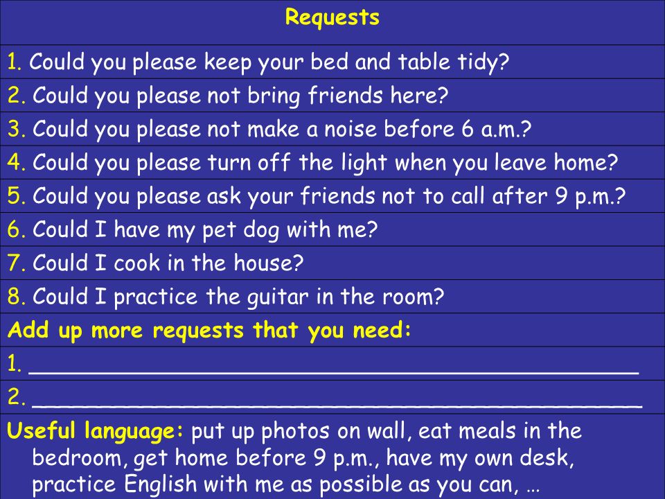 Requests 1. Could you please keep your bed and table tidy.