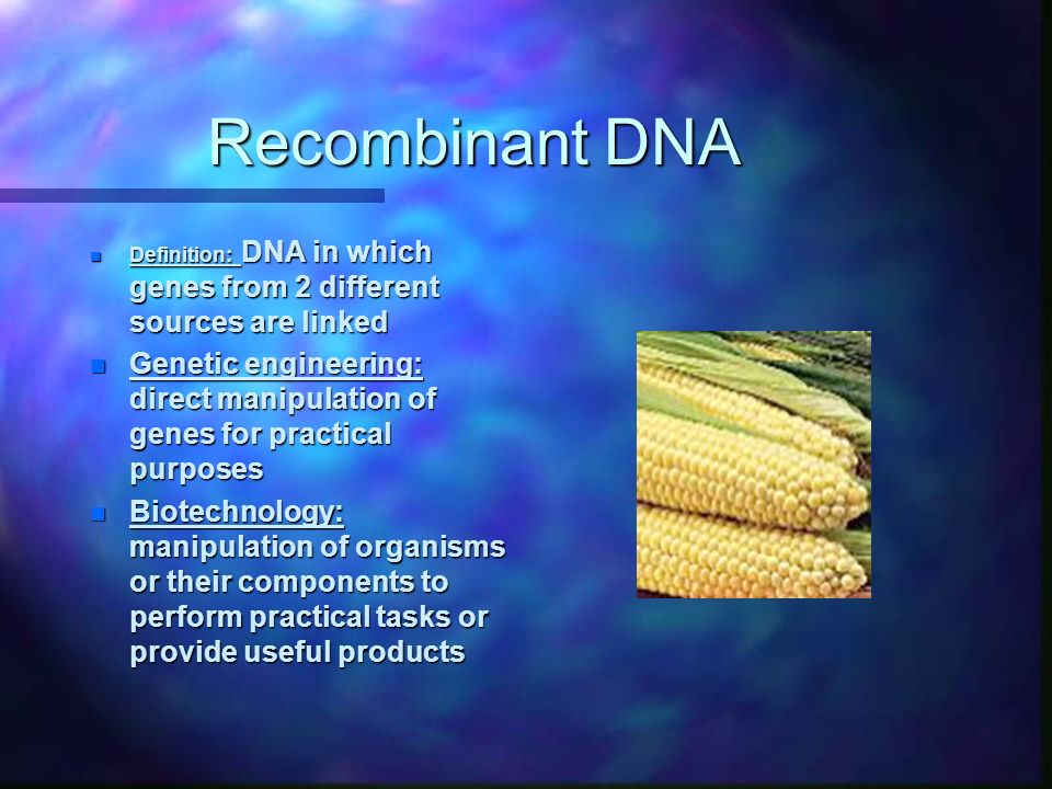 Recombinant DNA n Definition: DNA in which genes from 2 different sources are linked n Genetic engineering: direct manipulation of genes for practical purposes n Biotechnology: manipulation of organisms or their components to perform practical tasks or provide useful products