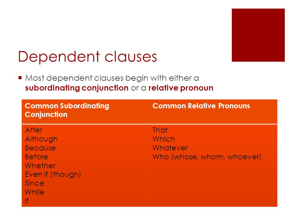 Dependent clauses  Most dependent clauses begin with either a subordinating conjunction or a relative pronoun Common Subordinating Conjunction Common Relative Pronouns After Although Because Before Whether Even if (though) Since While If That Which Whatever Who (whose, whom, whoever)