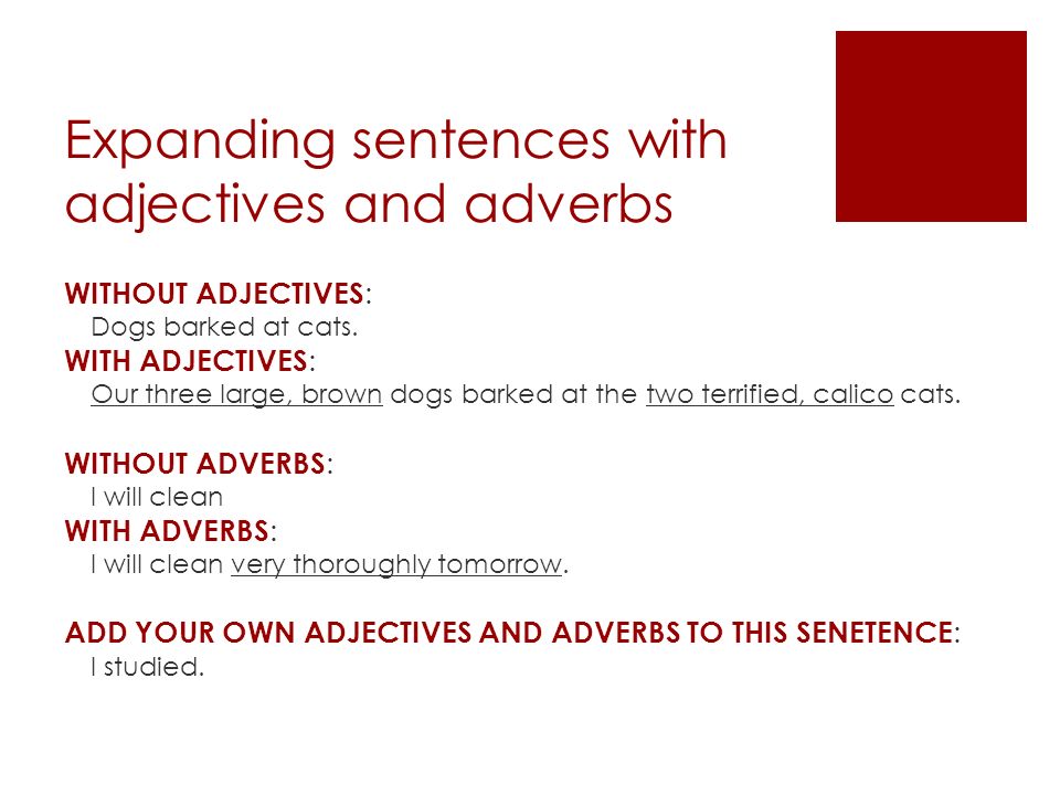 Expanding sentences with adjectives and adverbs WITHOUT ADJECTIVES : Dogs barked at cats.