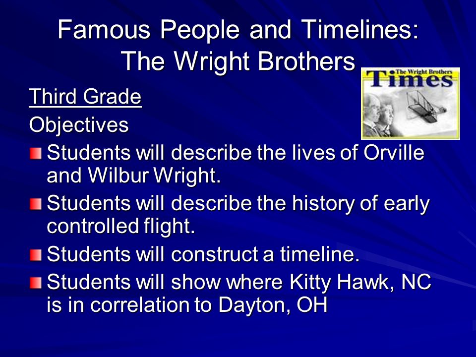 Famous People and Timelines: The Wright Brothers Rachel Brand ED Early Childhood Social Studies: Curriculum, Materials, and Philosophy. - ppt download