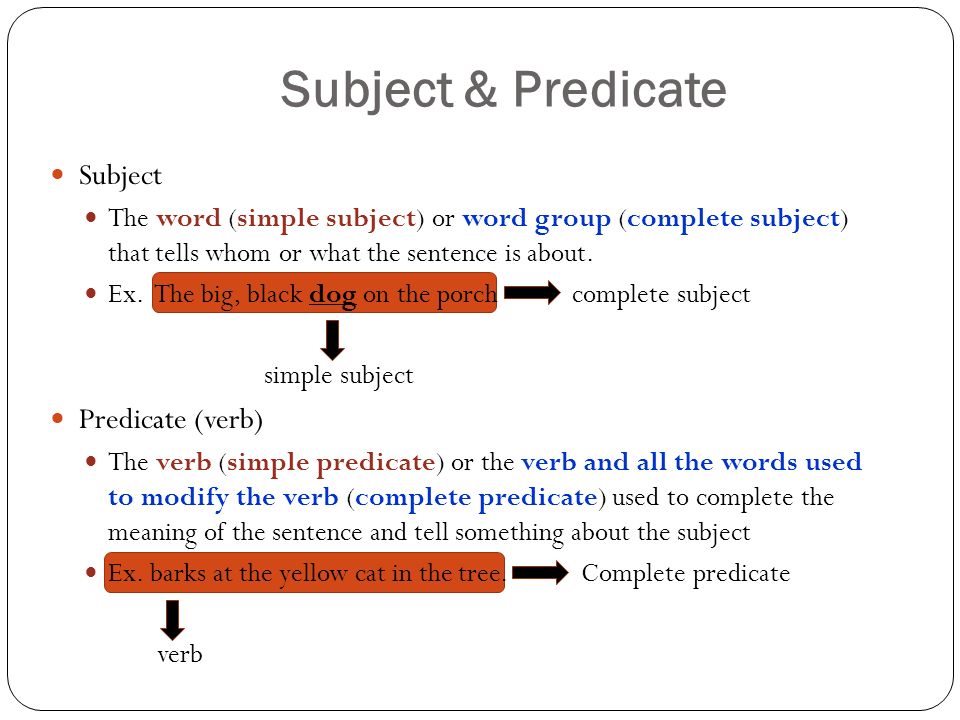 Subject & Predicate Subject The word (simple subject) or word group (complete subject) that tells whom or what the sentence is about.