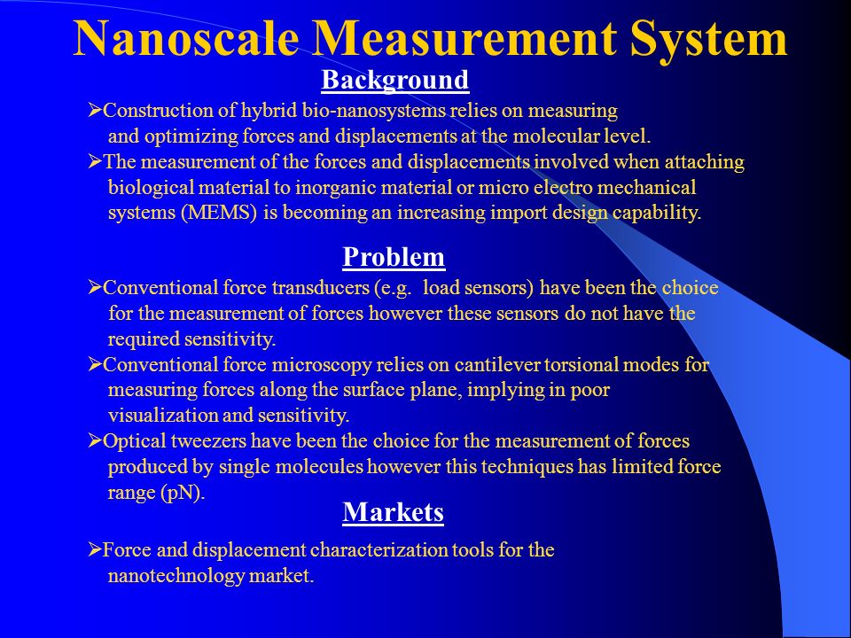 Nanoscale Measurement System Markets  Force and displacement characterization tools for the nanotechnology market.