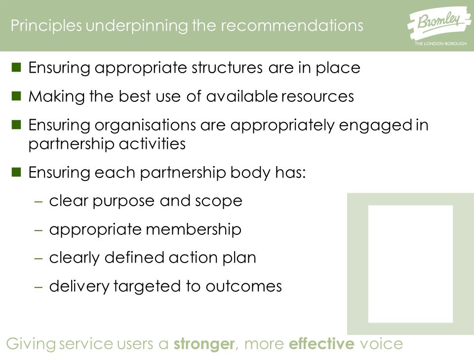 Giving service users a stronger, more effective voice Principles underpinning the recommendations Ensuring appropriate structures are in place Making the best use of available resources Ensuring organisations are appropriately engaged in partnership activities Ensuring each partnership body has:  clear purpose and scope  appropriate membership  clearly defined action plan  delivery targeted to outcomes