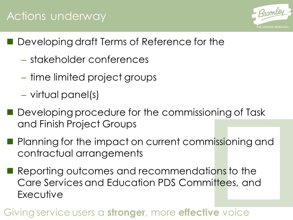 Giving service users a stronger, more effective voice Developing draft Terms of Reference for the  stakeholder conferences  time limited project groups  virtual panel(s) Developing procedure for the commissioning of Task and Finish Project Groups Planning for the impact on current commissioning and contractual arrangements Reporting outcomes and recommendations to the Care Services and Education PDS Committees, and Executive Actions underway
