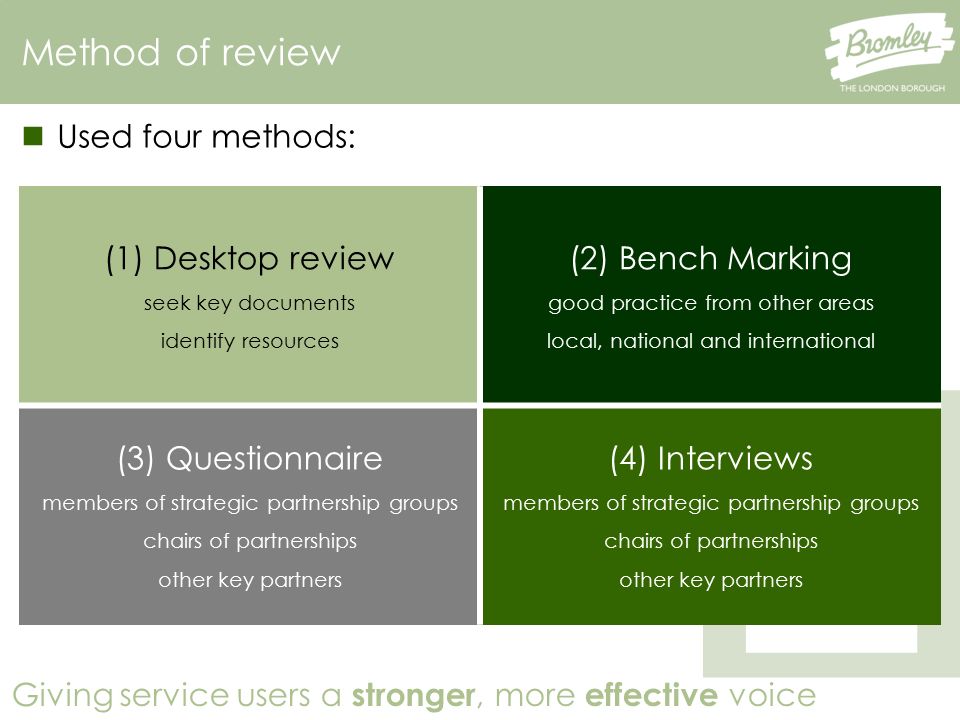 Giving service users a stronger, more effective voice Method of review Used four methods: (1) Desktop review seek key documents identify resources (2) Bench Marking good practice from other areas local, national and international (3) Questionnaire members of strategic partnership groups chairs of partnerships other key partners (4) Interviews members of strategic partnership groups chairs of partnerships other key partners