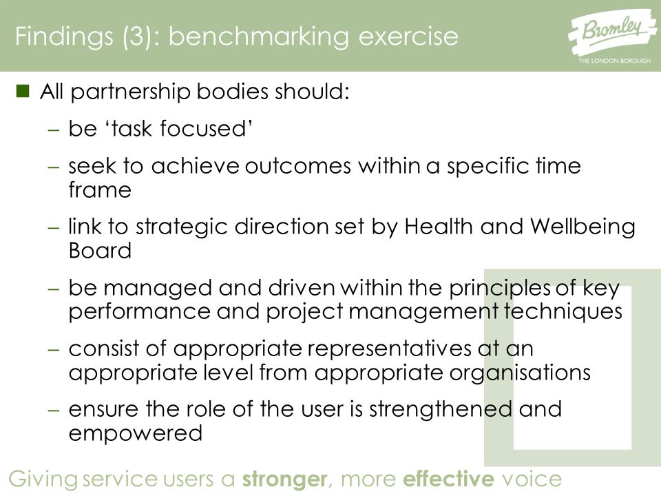 Giving service users a stronger, more effective voice Findings (3): benchmarking exercise All partnership bodies should:  be ‘task focused’  seek to achieve outcomes within a specific time frame  link to strategic direction set by Health and Wellbeing Board  be managed and driven within the principles of key performance and project management techniques  consist of appropriate representatives at an appropriate level from appropriate organisations  ensure the role of the user is strengthened and empowered