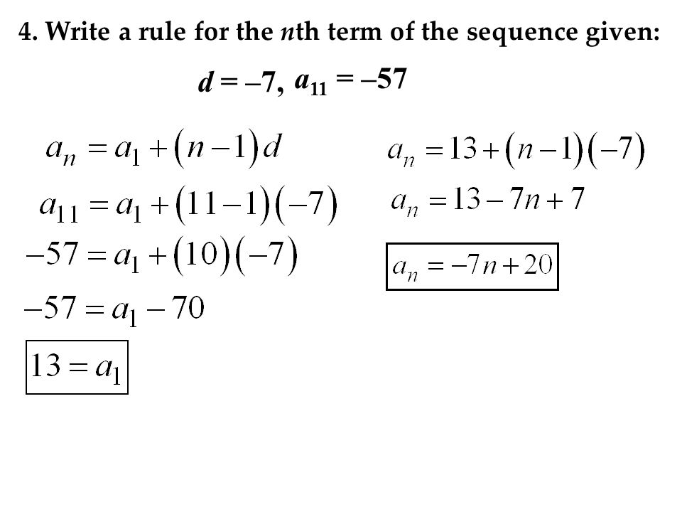 4. Write a rule for the nth term of the sequence given: d = –7, a 11 = –57