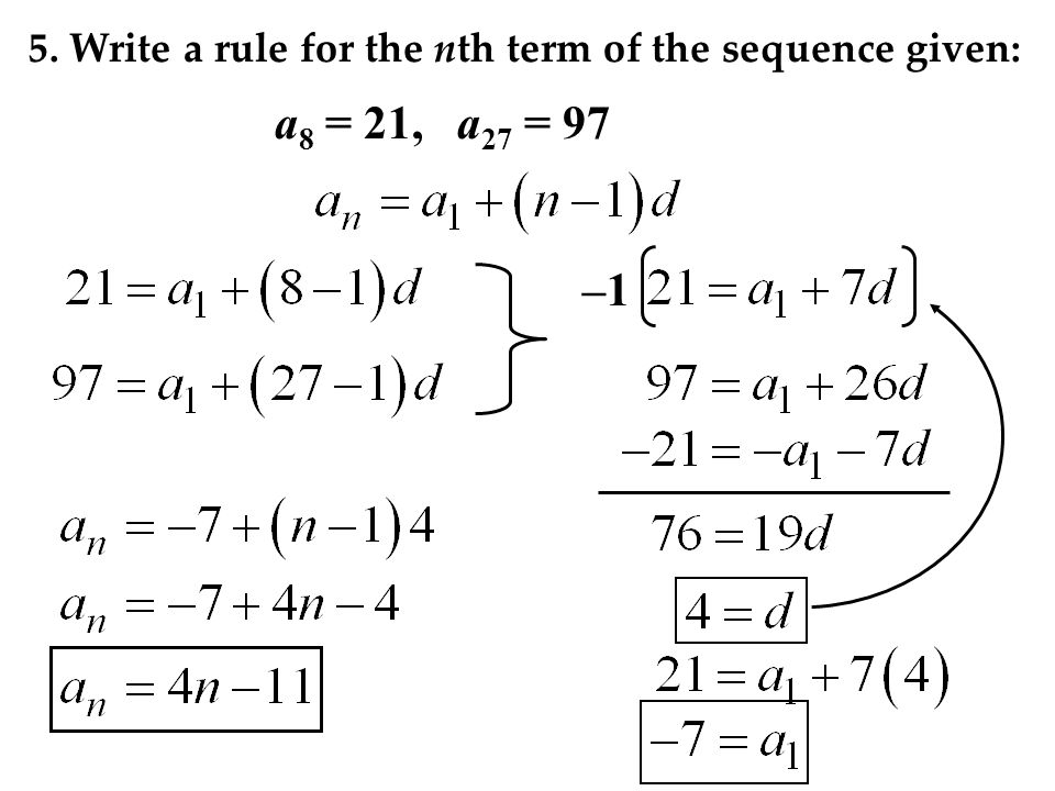 5. Write a rule for the nth term of the sequence given: a 8 = 21, a 27 = 97 –1