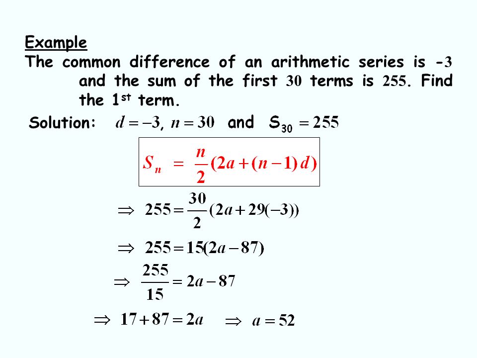 Example The common difference of an arithmetic series is - 3 and the sum of the first 30 terms is 255.