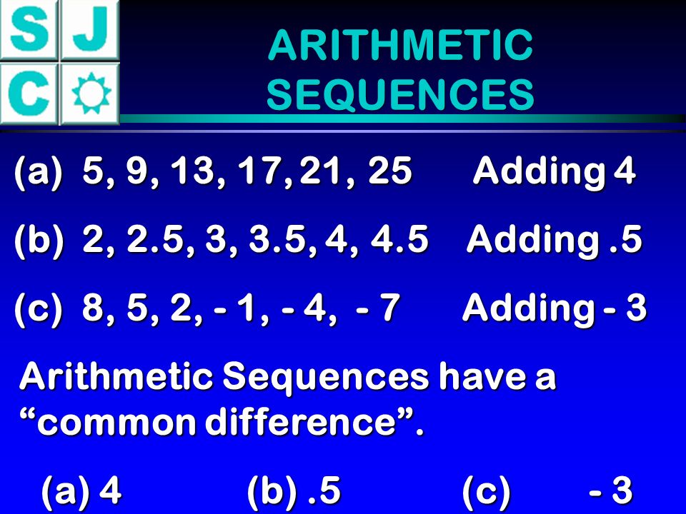 (a) 5, 9, 13, 17, 21,25 (b) 2, 2.5, 3, 3.5, 4, 4, (c) 8, 5, 2, - 1, - 4, - 7 Adding 4 Adding.5 Adding - 3 Arithmetic Sequences have a common difference .