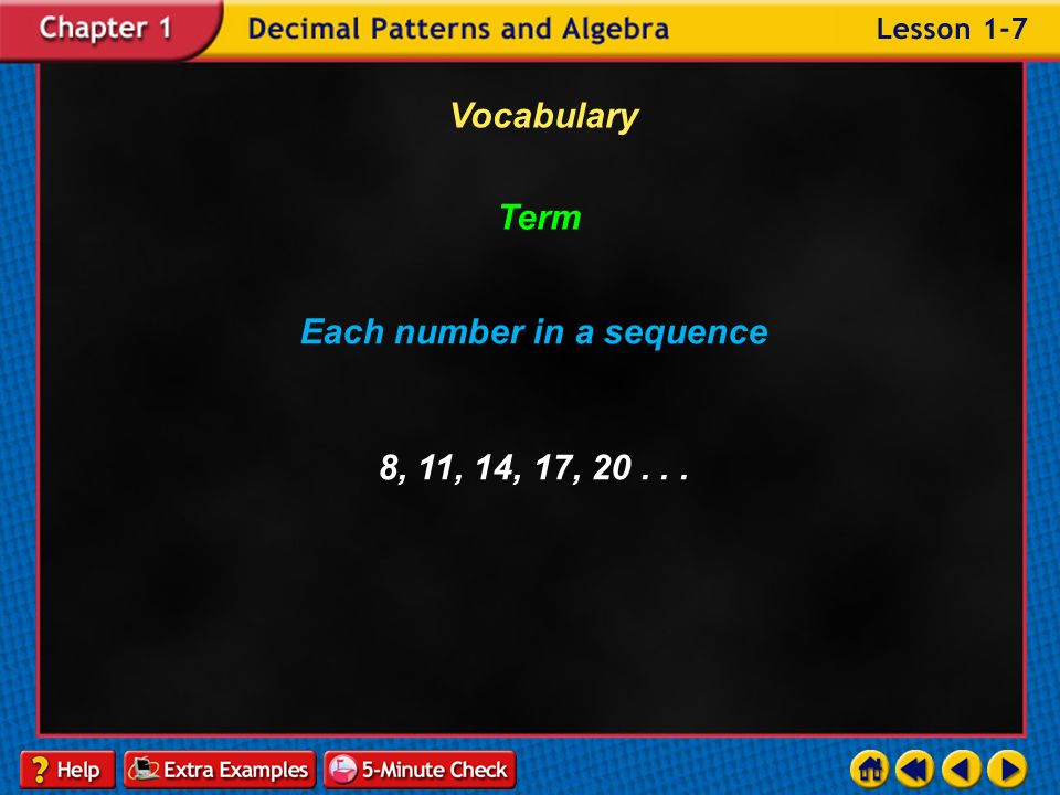 Example 7-4b Vocabulary Sequence An ordered list of numbers