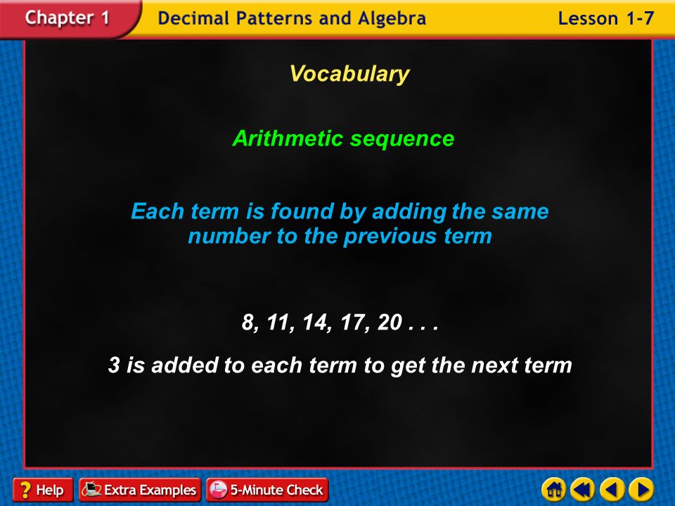 Example 7-4b Vocabulary Term Each number in a sequence 8, 11, 14, 17, 20...