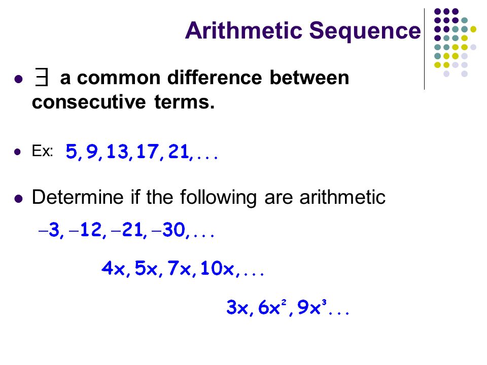 Arithmetic Sequence a common difference between consecutive terms.