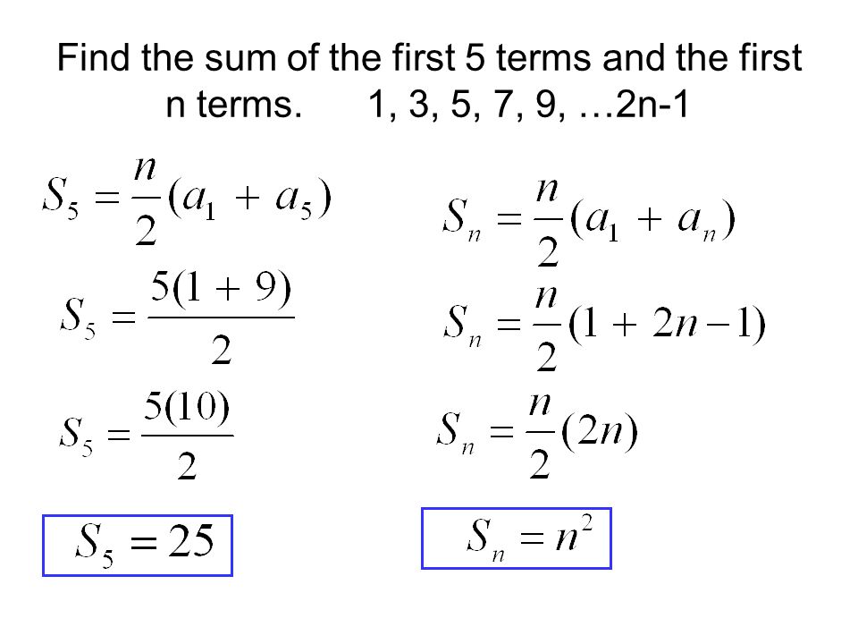 Find the sum of the first 5 terms and the first n terms. 1, 3, 5, 7, 9, …2n-1