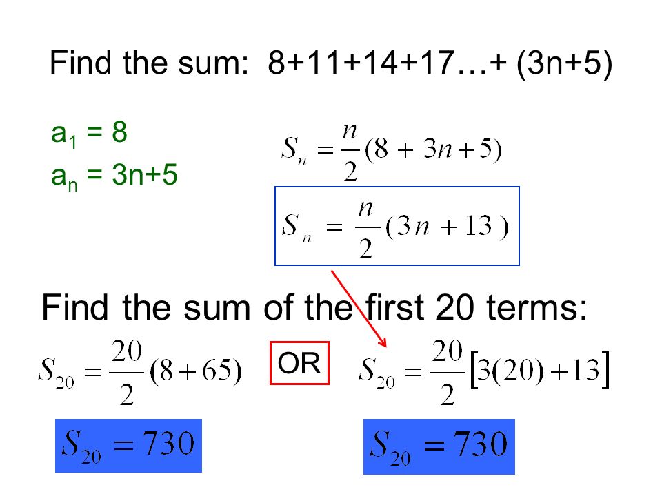 Find the sum: …+ (3n+5) a 1 = 8 a n = 3n+5 Jeff Bivin -- LZHS Find the sum of the first 20 terms: OR