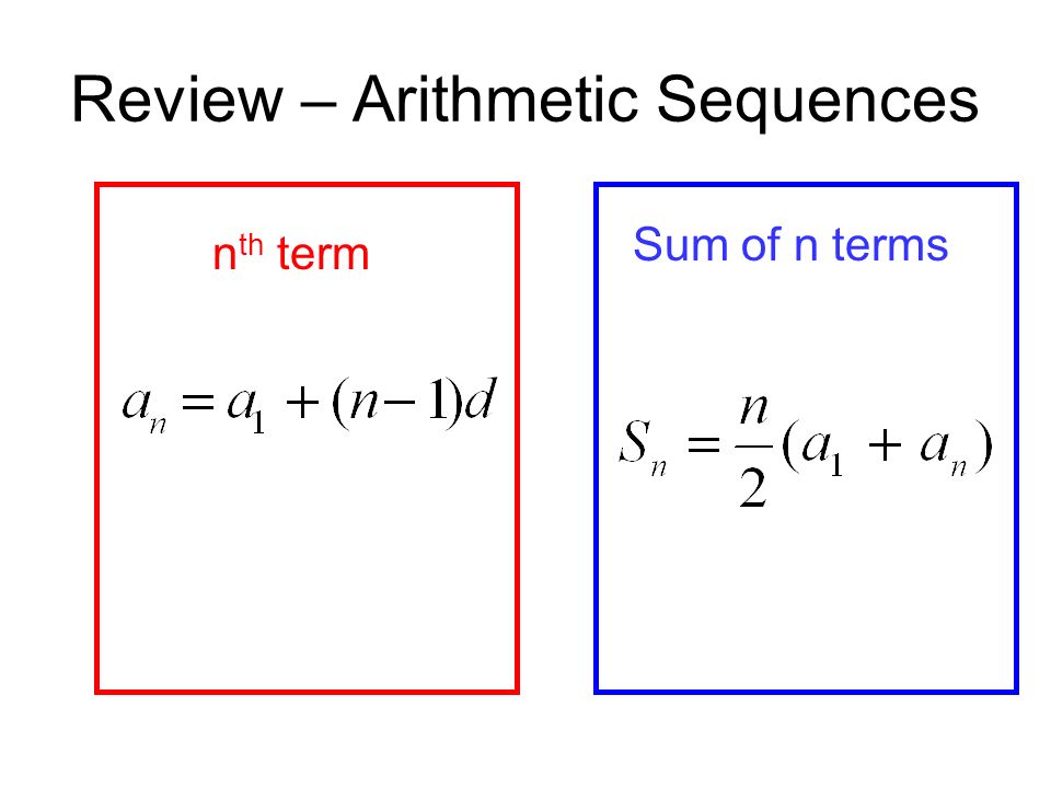 Review – Arithmetic Sequences n th term Sum of n terms