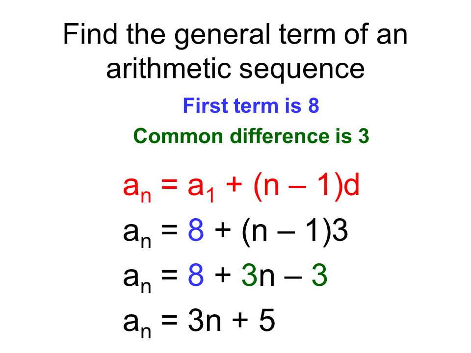 Find the general term of an arithmetic sequence First term is 8 Common difference is 3 a n = a 1 + (n – 1)d a n = 8 + (n – 1)3 a n = 8 + 3n – 3 a n = 3n + 5