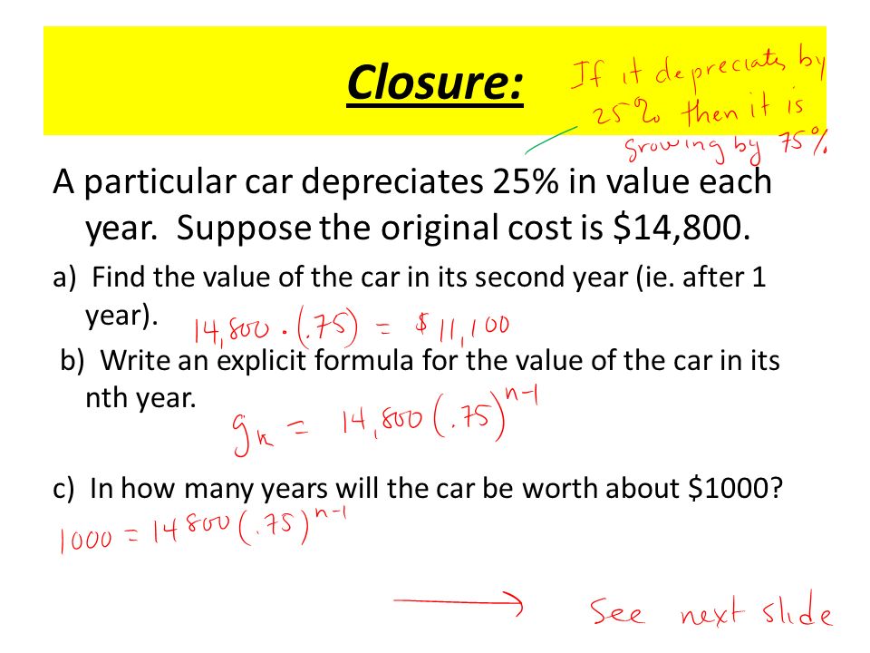 Closure: A particular car depreciates 25% in value each year.
