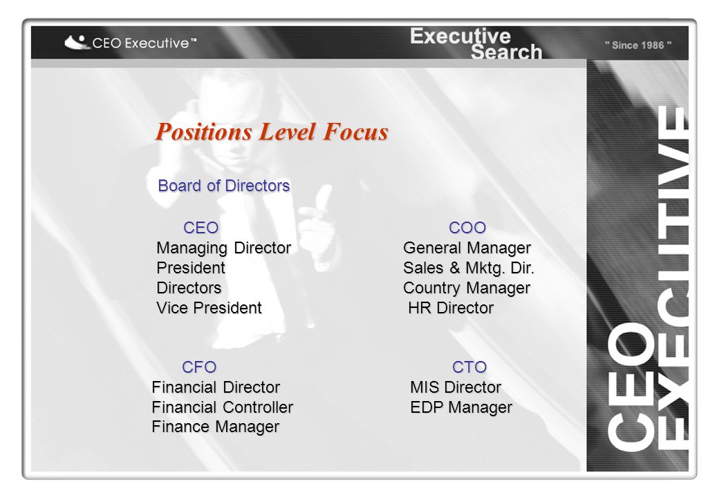Positions Level Focus Board of Directors CEOCOO Managing Director General Manager Managing Director General Manager President Sales & Mktg.