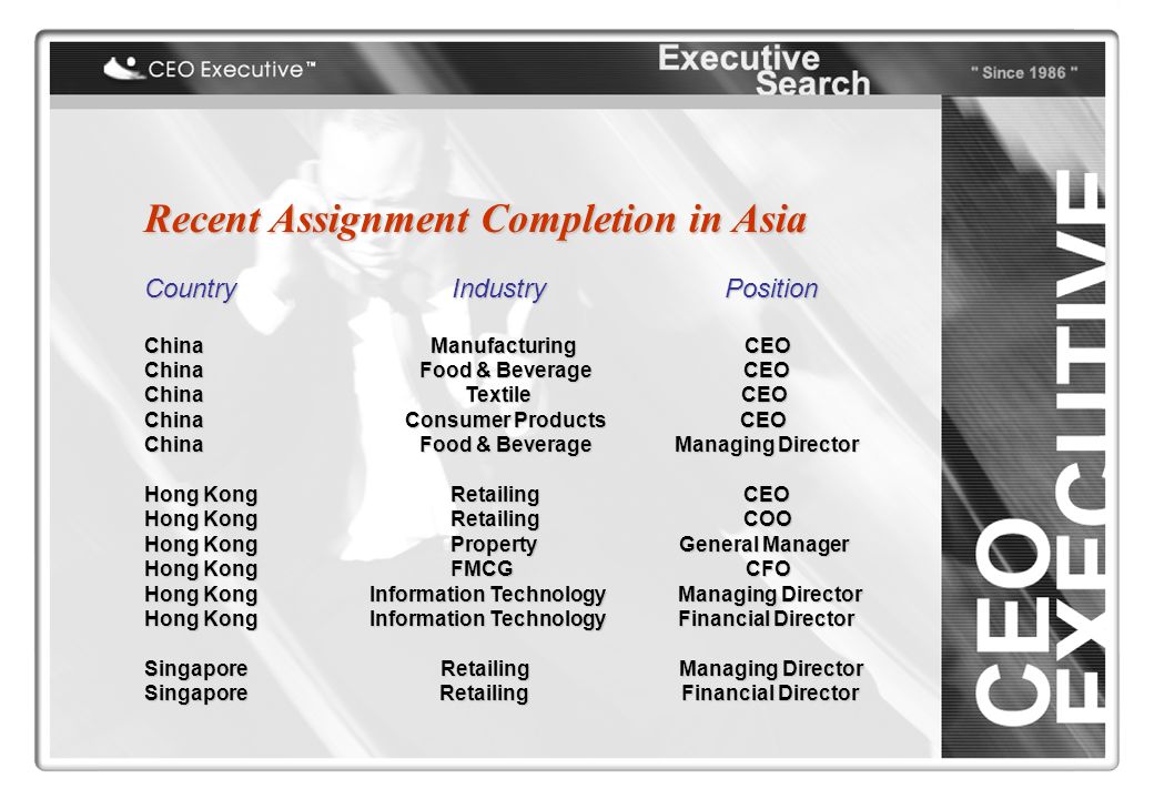 Recent Assignment Completion in Asia Country Industry Position China Manufacturing CEO China Food & Beverage CEO China Textile CEO China Consumer Products CEO China Food & Beverage Managing Director Hong Kong Retailing CEO Hong Kong Retailing COO Hong Kong Property General Manager Hong Kong FMCG CFO Hong Kong Information Technology Managing Director Hong Kong Information Technology Financial Director Singapore Retailing Managing Director Singapore Retailing Financial Director